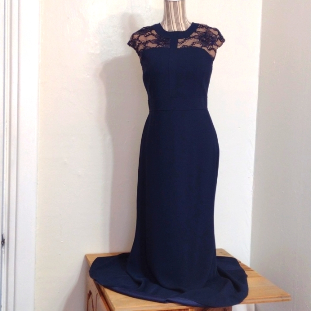 Carmen Marc Valvo Blue Lace Neckline Cap Sleeve Full Length Maxi Gown Size 6